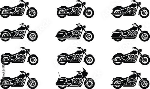 Motorcycle silhouette vector set, cruiser and chopper bikes, black and blue icons, custom motorbike illustration collection