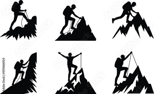 Mountain climber silhouettes collection, hiking and climbing adventure vector illustration isolated on white background for outdoor design