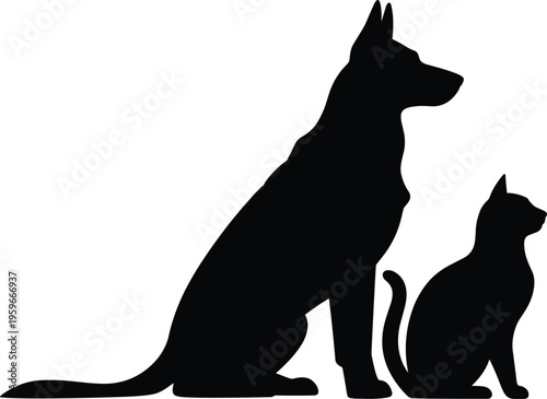 Black silhouette of dog and cat sitting together isolated on white background, domestic pets profile illustration, minimal design for veterinary, pet care, adoption concepts