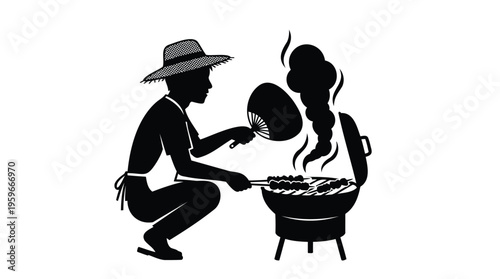 Iconic black and white illustration depicting a person expertly grilling food over hot coals on an outdoor barbecue, symbolizing culinary tradition