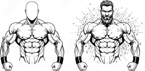 Muscular male anatomy illustration, bodybuilding torso comparison, fitness strength concept, powerful athletic body, vector line art designMuscular male anatomy illustration 