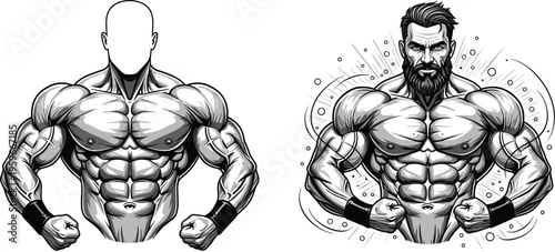 Muscular male anatomy, bodybuilding illustration, flexing pose, faceless figure, bearded man, stylized physique, fitness art, abstract design, strength concept, graphic style