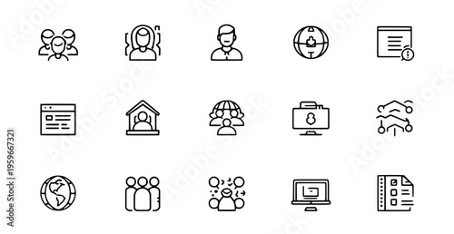 Collection of 14 line icons related to people communication and technology