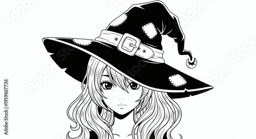 Charming black and white anime style portrait of a young woman with long, flowing hair donning a traditional witch hat, evoking a sense of fantasy and magic