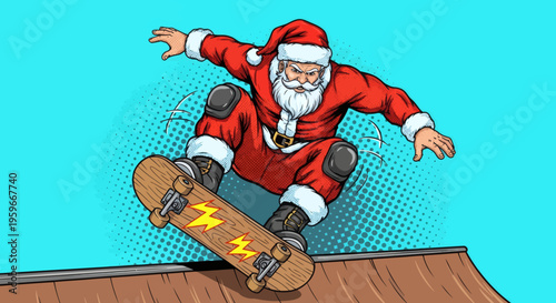 Santa Claus Performing a Trick on a Skateboard on a Ramp