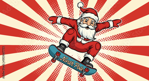 Santa Claus Performing a Trick on a Skateboard with a Retro Sunburst Background