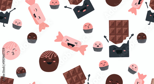Delightful Seamless Pattern of Adorable Cartoon Candies, Chocolates, and Cupcakes with Happy Faces on a White Background for Sweet Designs