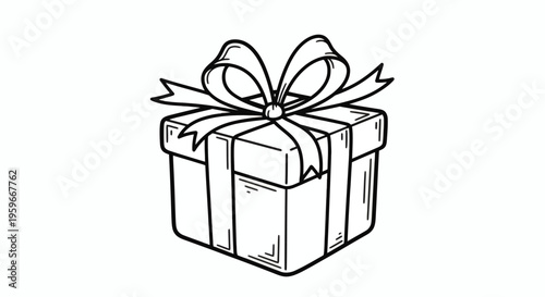 Elegant hand-drawn outline of a classic present box adorned with a decorative bow, symbolizing generosity and festive celebrations. Ideal for holiday designs