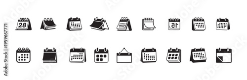 Set of calendar icons, event date reminder, schedule, organizer, deadline, modern design concept, black white