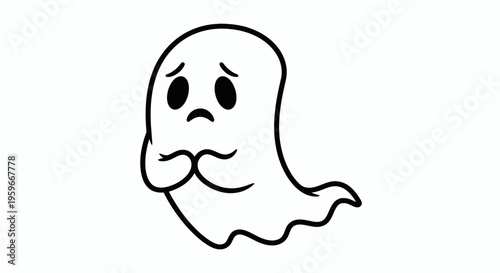 Sad ghost cartoon with a sorrowful expression and downcast eyes, isolated on white. Conveys melancholy or regret