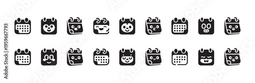 Set of funny calendar icons, emoji, emotion, happy, sad, excited, date, schedule, organizer, deadline concept