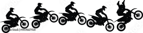 Black Silhouettes of Motocross Riders Performing Freestyle Stunts and Mid Air Jumps on Dirt Bikes Isolated on a White Background for Extreme Sports Design