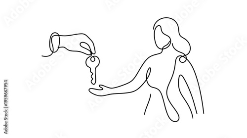 Person Receiving Key to Own Life Continuous Single Line Minimalist Ownership Line Art Illustration
