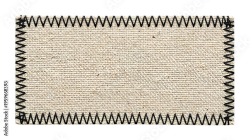 Obraz na płótnie Blank rectangular linen fabric tag with black zigzag stitching around the edges