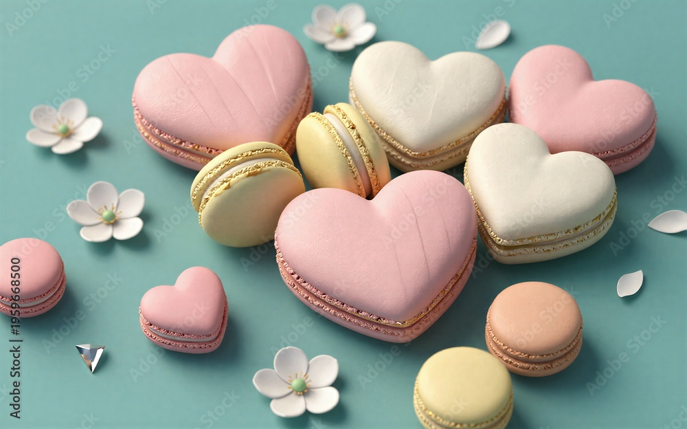 Fototapeta premium Heart-shaped macarons and delicate white flowers on a soft teal