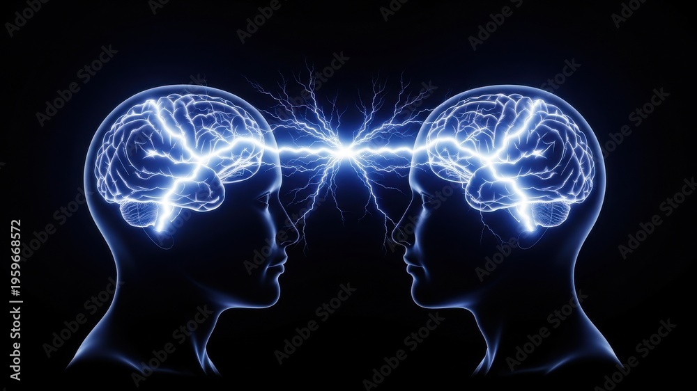 Obraz premium Two people's heads with glowing blue brains connected by electricity