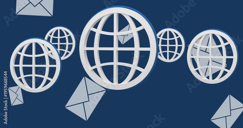 Animation of globe and envelope email icons on blue background