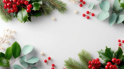 Winter composition displaying festive elements like red holly berries, pine branches, and eucalyptus leaves, creating a cozy holiday backdrop
