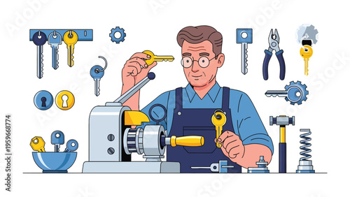 The Keymaker: A skilled artisan meticulously crafts keys with precision, showcasing the artistry and tools of the trade.