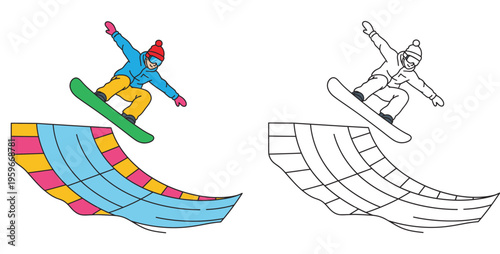 Snowboarder Jumping off Half-pipe Ramp Vector Illustration and Line Art Coloring Page for Kids - Extreme Winter Sports Activity, Snowboarding Trick, and Outdoor Leisure Design Concept.