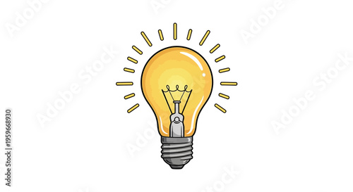 An illustration of a glowing light bulb with radiant lines around it on a white background.