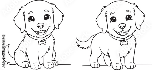 Children's activity coloring sheet featuring cute golden retriever puppies.