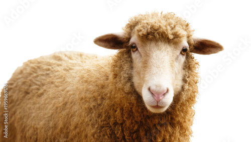 Obraz na plátne Close-up portrait of a domestic sheep with thick brown wool looking directly at