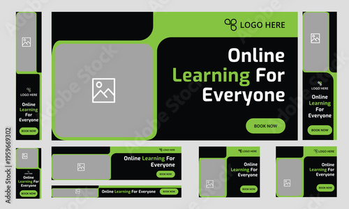 Trendy customizable online learning web set banner design, everyday education web bundle banner design, editable vector eps 10 file format