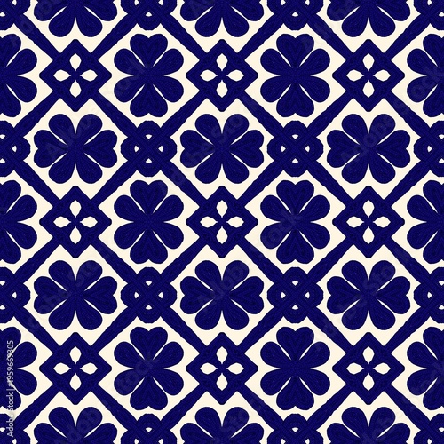 Seamless Geometric Floral Pattern in Navy Blue and Cream