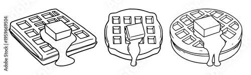 Belgian waffle set with flat 2D illustration on white background featuring Belgian waffle, butter cube, breakfast with flat 2D illustration and simple lines