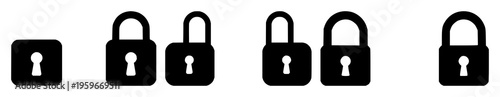 Padlock set with two flat black silhouettes side-by-side on a light gray background featuring black and white, minimalist, bold lines with lock and unlock