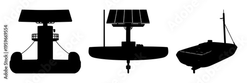 Solar-powered desalination buoy set with solid black silhouette featuring ocean technology, sharp edges, and floating design with clean contours and white background