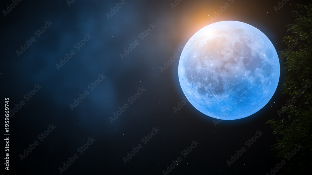 Fototapeta premium A serene view of a luminous moon surrounded by soft clouds in the night sky.