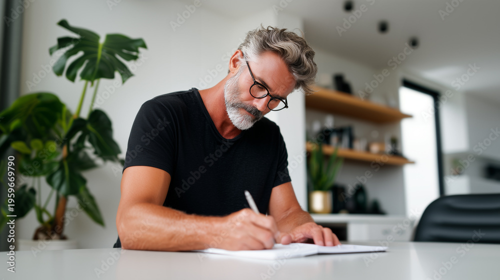 Fototapeta premium Focused mature man with glasses and gray beard writing in notebook at white desk in modern bright home, midlife reflection on personal life goals, planning and achievements.