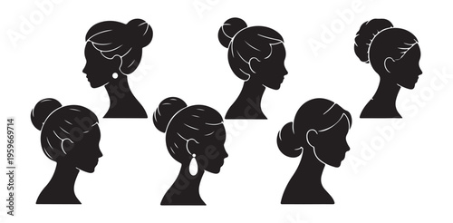 Female profile silhouette icons with elegant hair buns and earrings collection for boutique branding