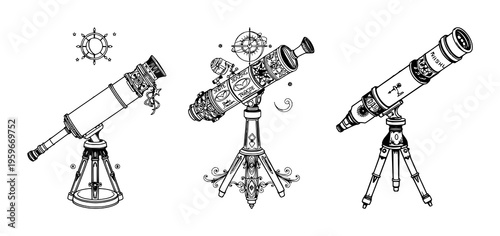 Telescope set with ornate Victorian line art featuring telescope, celestial ornaments, antique science aesthetic with black ink and white background