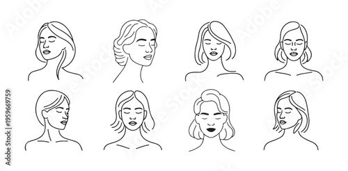 Hand drawn line art female faces with eyes closed set minimalist woman portraits for beauty branding