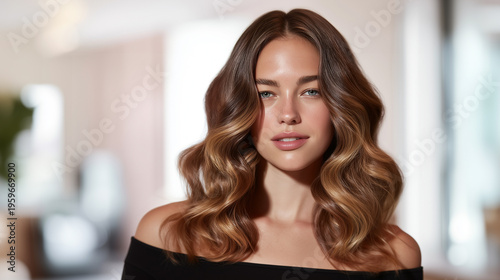Free Download Beautiful young woman with voluminous wavy brunette hair featuring dimensional highlights, showcasing professional salon styling result against soft blurred luxury background. - GFXLoad