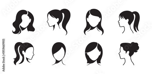 Set of eight various female hairstyles in profile, showing both outline and solid fill styles