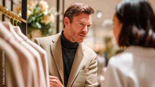 Elegant male fashion consultant in beige blazer attentively advising female customer near clothing rack in premium boutique, delivering personalized luxury shopping experience.