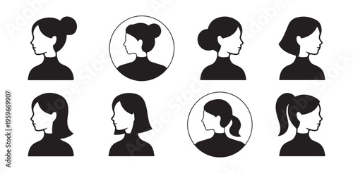 Set of eight black and white profile avatars with various short female hairstyles