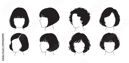 Collection of black and white hairstyles for women illustrated in flat design style