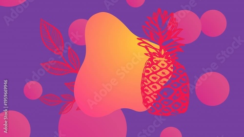 Animation of red pineapple and leaves over pink circles and shape on purple background