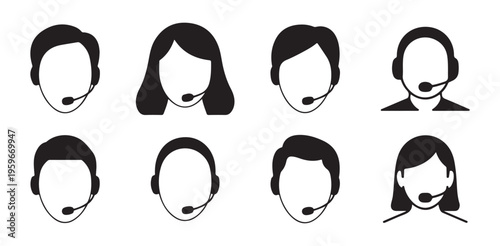 Icons representing customer service operators with headsets in a professional communication setting