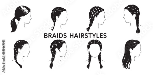 Various braided hairstyles shown from different angles for women in simple black and white