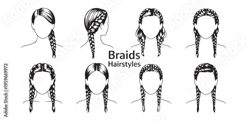 Stylized braided hairstyles for women depicted in a clean minimalist vector illustration style