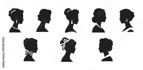Victorian era women silhouettes, profile portraits with jewelry, retro style