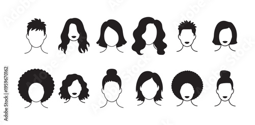 Collection of male and female face silhouettes with diverse hair textures and modern hair styles set