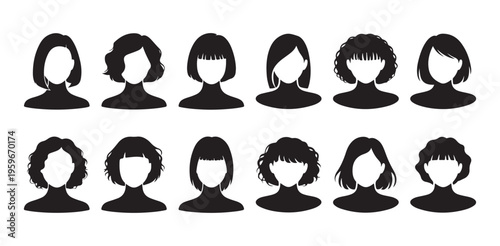 Set of female face silhouettes with various short and medium length hairstyles and bob haircuts set