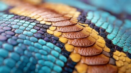 Close-up view of vibrant snake scales displaying intricate patterns in shades of blue, green, orange, and brown, highlighting the texture and color variations